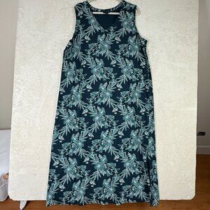 J.Jill Wearever Woman 2x Column Dress in Black Teal Sketched Tropical Wrinkle